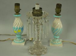 Pair of Italian Faience Boudoir Table Lamps and a Colorless Glass Lustre Lamp. 
